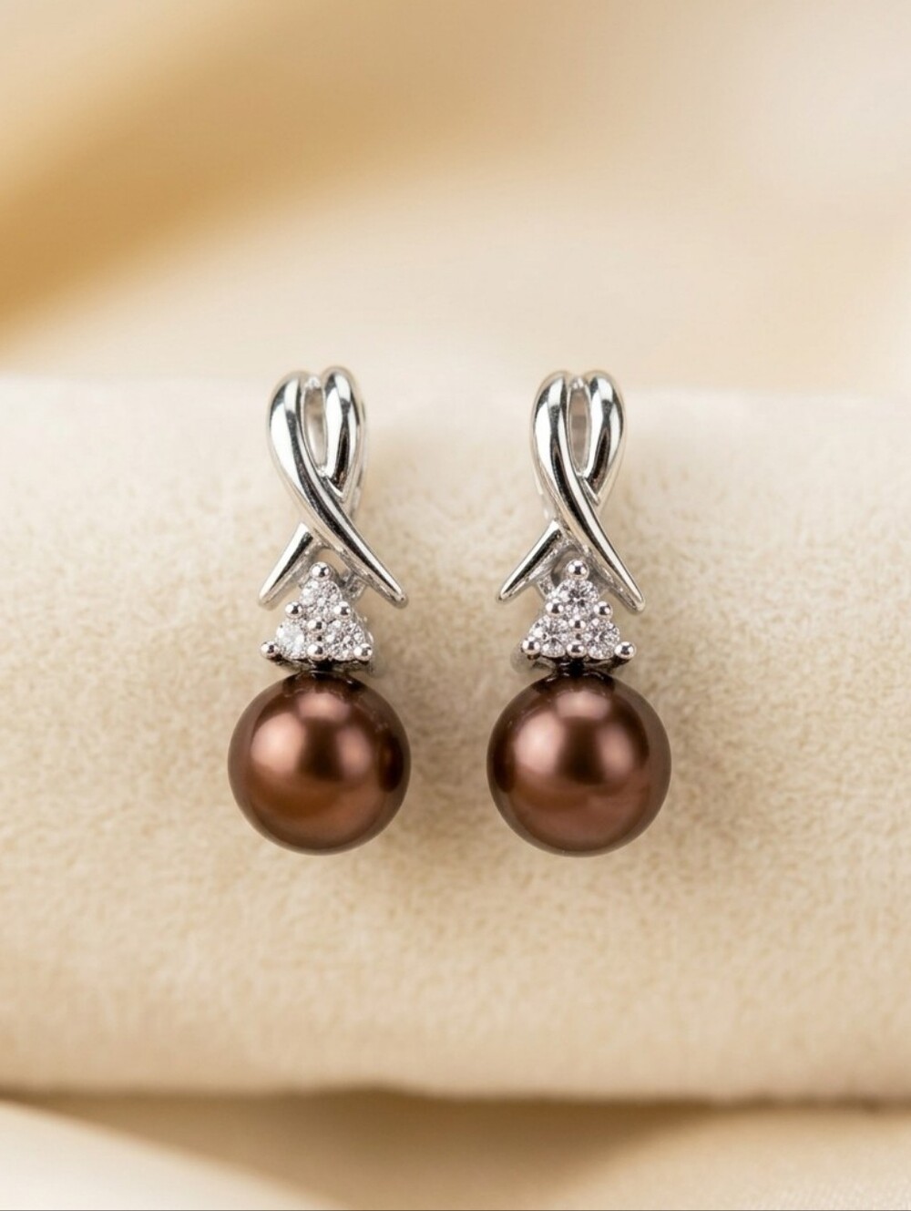 10K Diamond & Brown Pearl Drop White Gold Stud Earrings